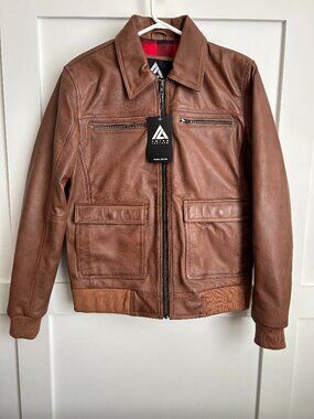 Arian Leather men's brown pilot jacket with Buffalo Plaid Lining